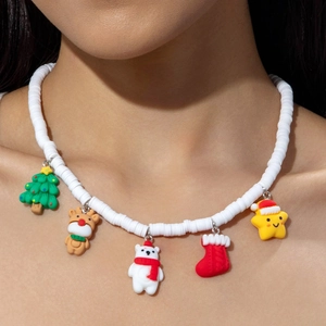 Detailed close-up of beaded Christmas necklace with colorful holiday charms on model