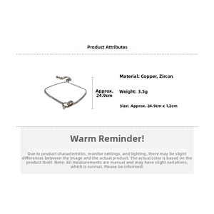 Detail view of adjustable zircon knot bracelet with specs: 3.5g weight and 24.9cm length