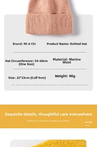 Detailed view of the pink and yellow wool knit hat showing soft texture and dimensions