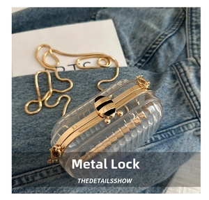 Detail of transparent acrylic box bag with golden bee clasp on denim fabric