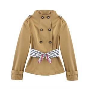 Damen Trenchjacke in Khaki mit Doppelreiher-Knöpfen und gestreiftem Seidengürtel