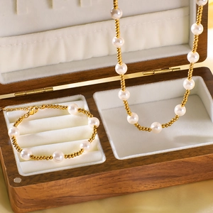 Artificial Pearl Beaded Necklace And Bracelet Stainless Steel 18K Gold Plated Minimalist Elegant Jewelry For Women
