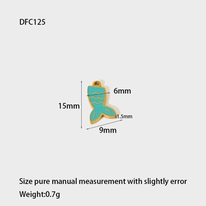 Technical drawing of a blue enamel fish tail pendant with measurements in millimeters