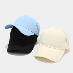Three minimalist breathable waterproof baseball caps in light blue, black, and beige