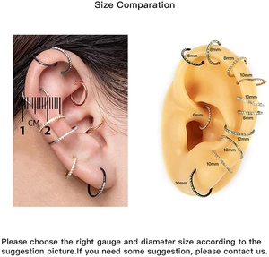 Size comparison of 316L stainless steel nose rings in 6mm, 8mm, 10mm and 12mm on ear model