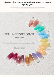 Detail of nine-color nail art gel set showing smooth gradient effects on clear tips