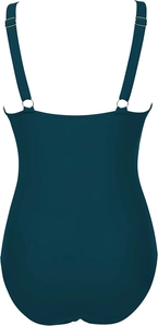 Detail of dark green swimsuit back with adjustable straps and gold metal rings