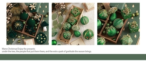 Detail of dark green velvet Christmas balls and ornaments with golden glitter patterns