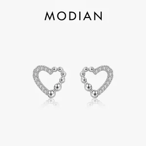 Heart Stud Earrings 925 Sterling Silver Micro Pave Zircon Asymmetrical Beaded Jewelry Trendy Aesthetic Fine Gift For Women