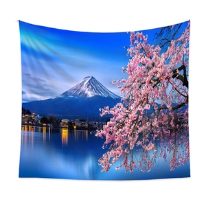 Close-up detail of Mount Fuji tapestry featuring pink cherry blossoms and snow-capped peak