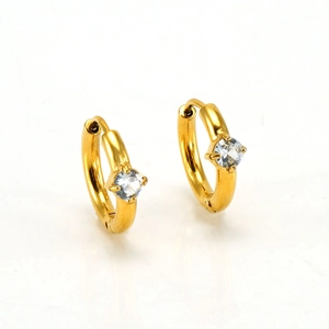 Detailed close-up of golden stainless steel hoop earrings with sparkling cubic zirconia