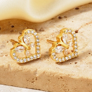 Exquisite gold heart-shaped stud earrings with zircon butterfly design and hollow frame