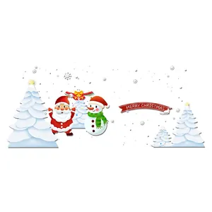 Christmas window stickers featuring Santa Claus, snowman, and snowy white trees on white background