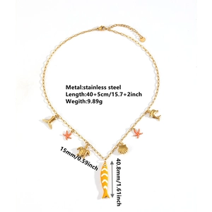 Golden stainless steel ocean charms necklace with starfish, dolphin and shell pendants