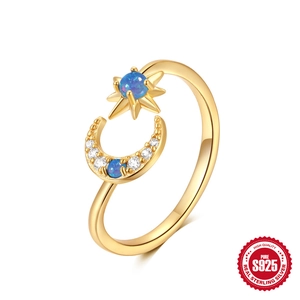 S925 sterling silver gold ring featuring opal moon and star design with adjustable band