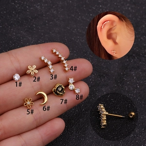 Stainless Steel Copper Zirconia Cartilage Stud Earrings Screw Back Flower Moon Piercing Jewelry Dainty Minimalist Women