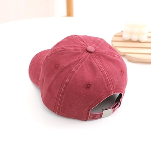 Kids burgundy washed cotton baseball cap with tractor embroidery and metal buckle strap