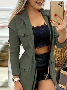 Army green military style jacket with drawstring waist and flap pockets for women