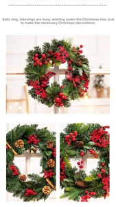Detailed view of Christmas garland with pine needles, red berries, and plaid bow decoration