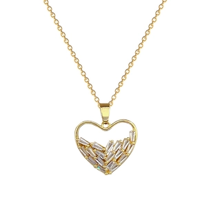 Luxurious gold hollow heart necklace with clear rectangular crystals on a fine chain