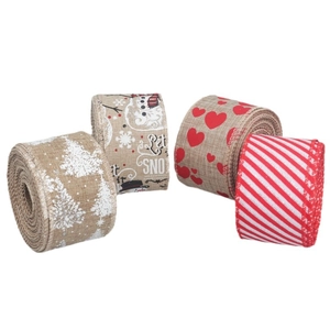 Set of four Christmas burlap ribbons with festive prints and wired edges for DIY decor