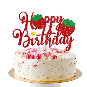Décoration de gâteau fraise Happy Birthday à paillettes pour fête sur gâteau blanc