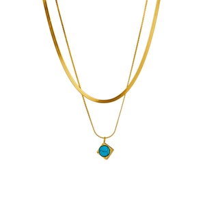 Double-layer gold snake chain necklace featuring a square turquoise stone pendant