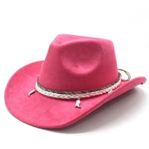 Detail of pink faux suede cowboy hat with woven band and silver horseshoe charms