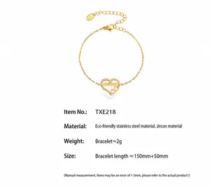 Detail van gouden MAMMA hartarmband met zirkoon inlays en verstelbare roestvrijstalen ketting