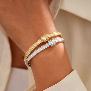 18K gold plated oval pavé diamond bracelet set for women in gold and silver