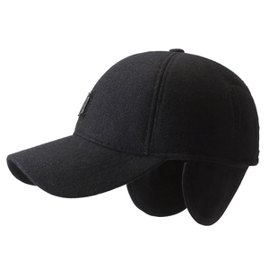 Men's winter baseball cap with thick ear flaps, black windproof fleece fabric for outdoor warmth