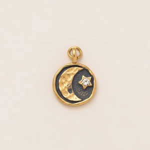 18K gold plated celestial necklace with hammered moon and crystal star on dark round charm