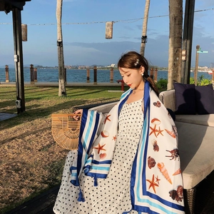 Ethnic style seashell beach shawl with blue stripes and tassels for summer travel