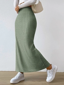 Women Ribbed Knit Maxi Skirt High Waist Side Slit Bodycon Slim Fit Elegant Long Skirt Polyester Spandex