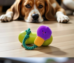Durable plush dog squeaky toy with cotton rope and bone base for small dogs and teething