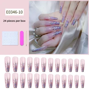 Détails de faux ongles ballerine longs avec dégradé rose pailleté et kit de 24 pièces