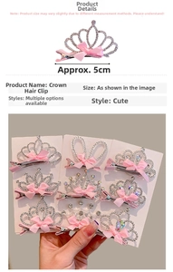 Detail of a 5cm rhinestone crown hair clip with a pink silk bow for little girls