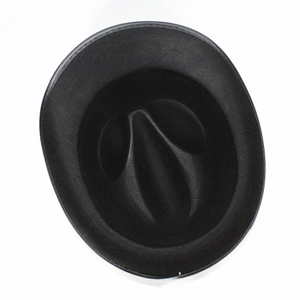 Detailed top view of a classic black felt magician top hat with structured crown