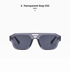 Front view of transparent grey rectangle sunglasses with double bridge industrial design