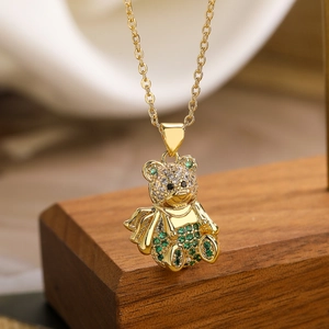 18K gold plated bear pendant necklace with green and white cubic zirconia crystals