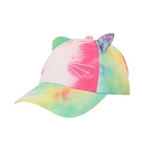 Colorful tie-dye baseball cap for kids featuring 3D cat ears and embroidered heart nose