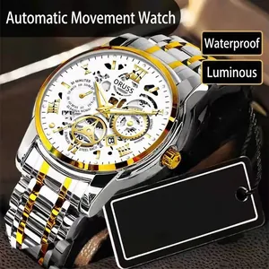 Men's skeleton automatic mechanical watch with two-tone steel strap and white dial