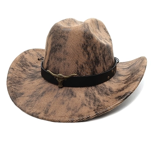 Brown western cowboy hat with vintage marble texture and metal longhorn buckle detail