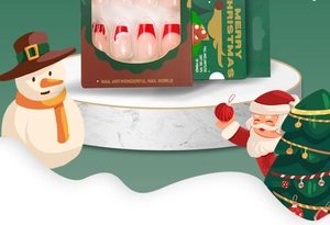 French Christmas soft gel nail tips set with festive red art in decorative green box