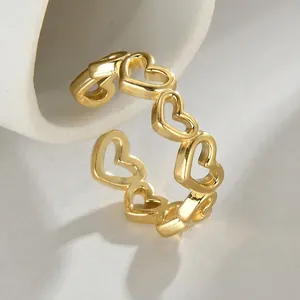 Adjustable gold plated stainless steel hollow heart pattern open ring for women