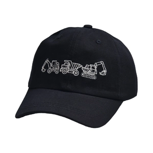 Close-up of white excavator embroidery on a black cotton baseball cap for kids