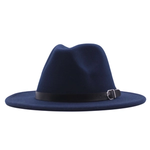 Navy blue wool fedora hat with black leather belt and silver buckle on white background