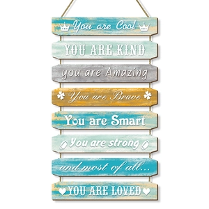 Vertical multi-panel wooden wall plaque with inspiring quotes and vintage rustic texture