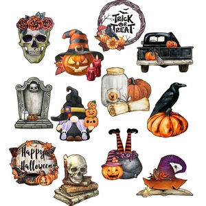 Watercolor Halloween magnets featuring gnome skulls, pumpkins and a trick or treat truck