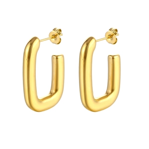 Minimalist gold U-shaped hoop earrings in polished stainless steel on white background